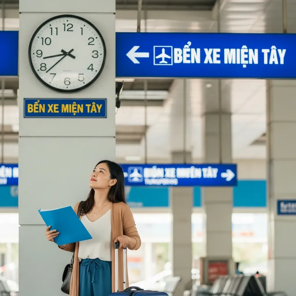 Nữ hành khách Việt Nam đứng tại Bến xe Miền Tây, nhìn đồng hồ và suy tính thời gian đệm trước khi ra sân bay.