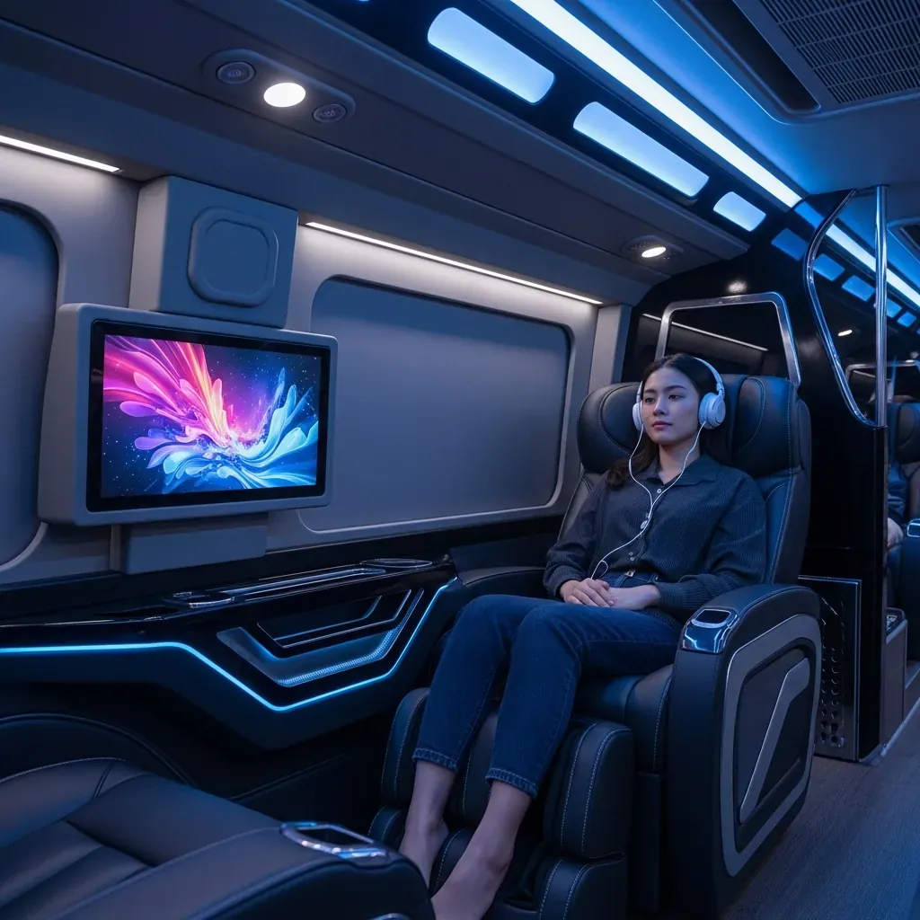 Ghế massage và màn hình LED cá nhân trên xe limousine cao cấp An Phát.