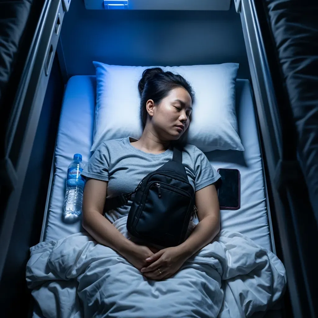 Hành khách nữ ngủ trên xe với túi đeo trước ngực để giữ đồ an toàn.