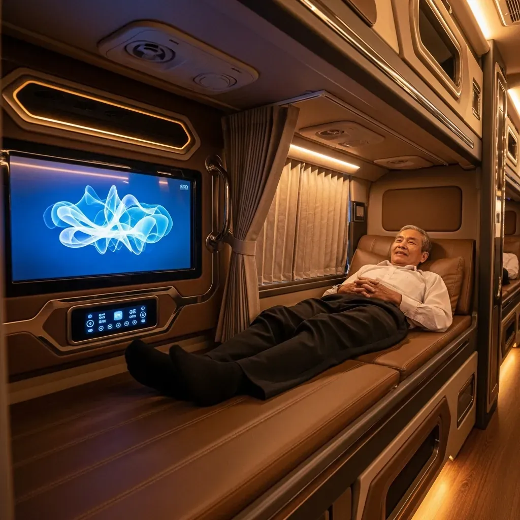 Khoang cabin VIP rộng rãi trên xe giường nằm với giường bọc da và TV riêng.