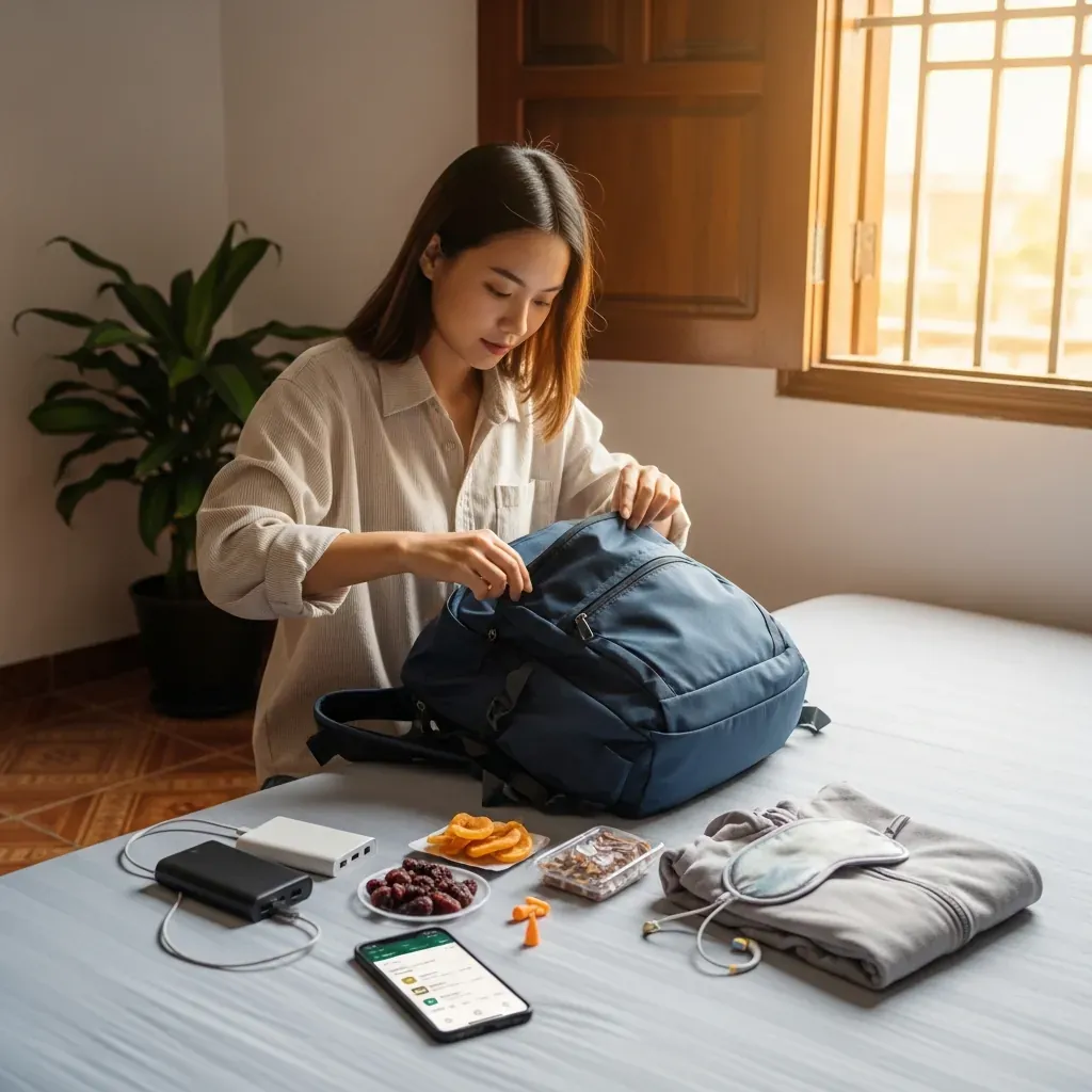 Người phụ nữ Việt Nam chuẩn bị balo với đồ dùng cần thiết cho chuyến xe đường dài.