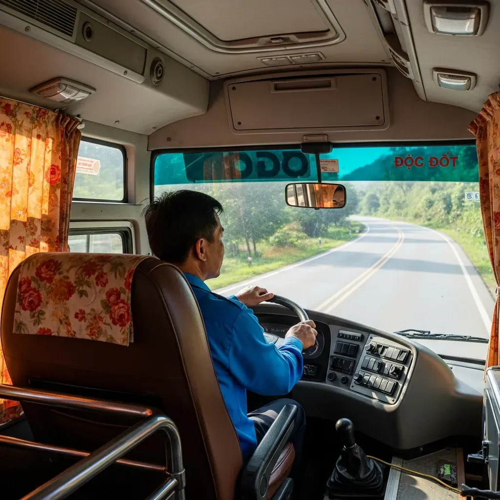 Nội thất xe limousine hơi cũ nhưng sạch sẽ, tài xế Việt Nam điềm tĩnh cầm lái.
