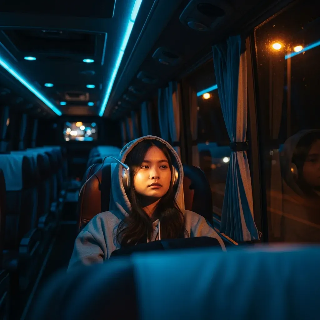 Nữ hành khách Việt Nam đi một mình ban đêm trên xe limousine, an toàn và thoải mái.