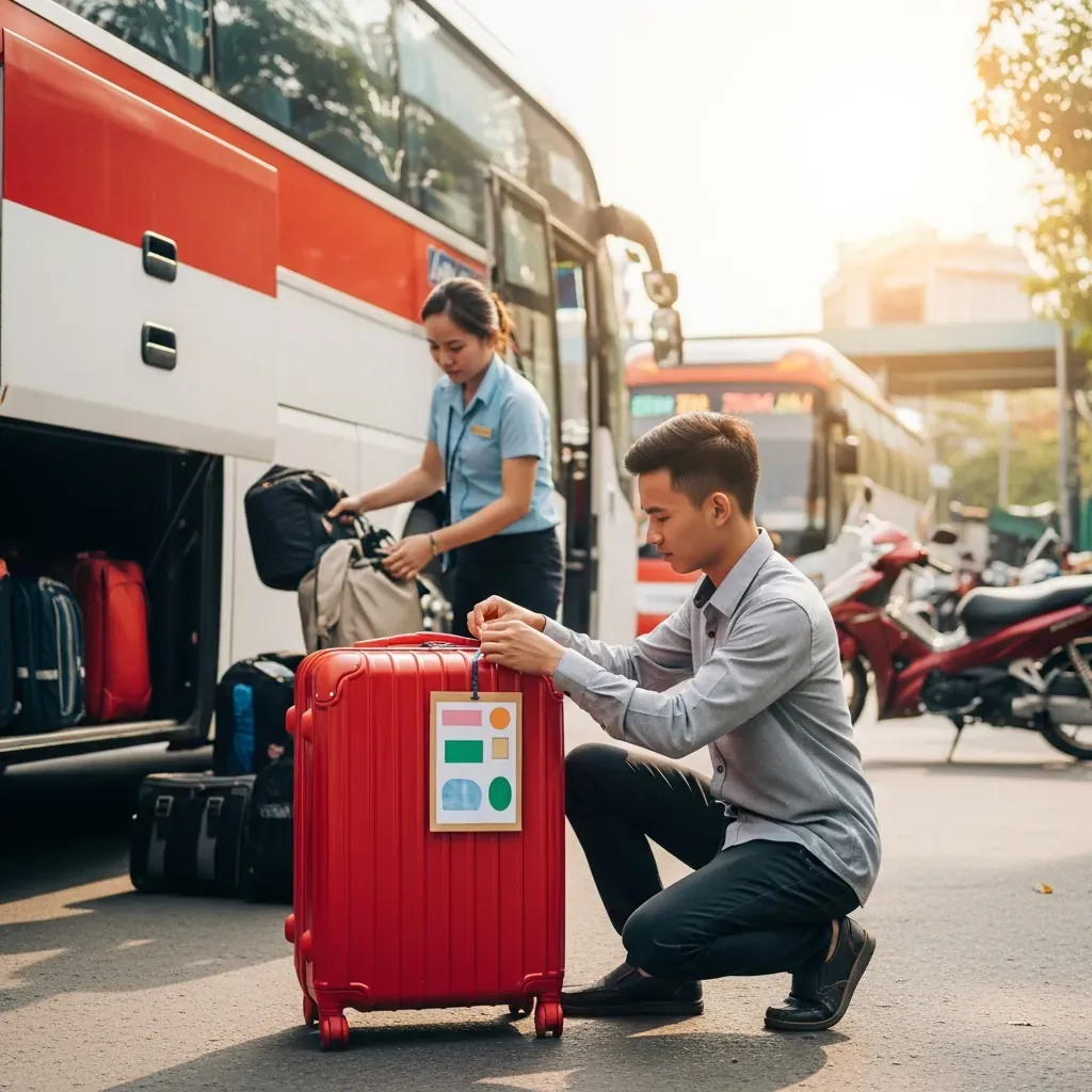 Hành khách dán nhãn lên hành lý trước khi gửi.