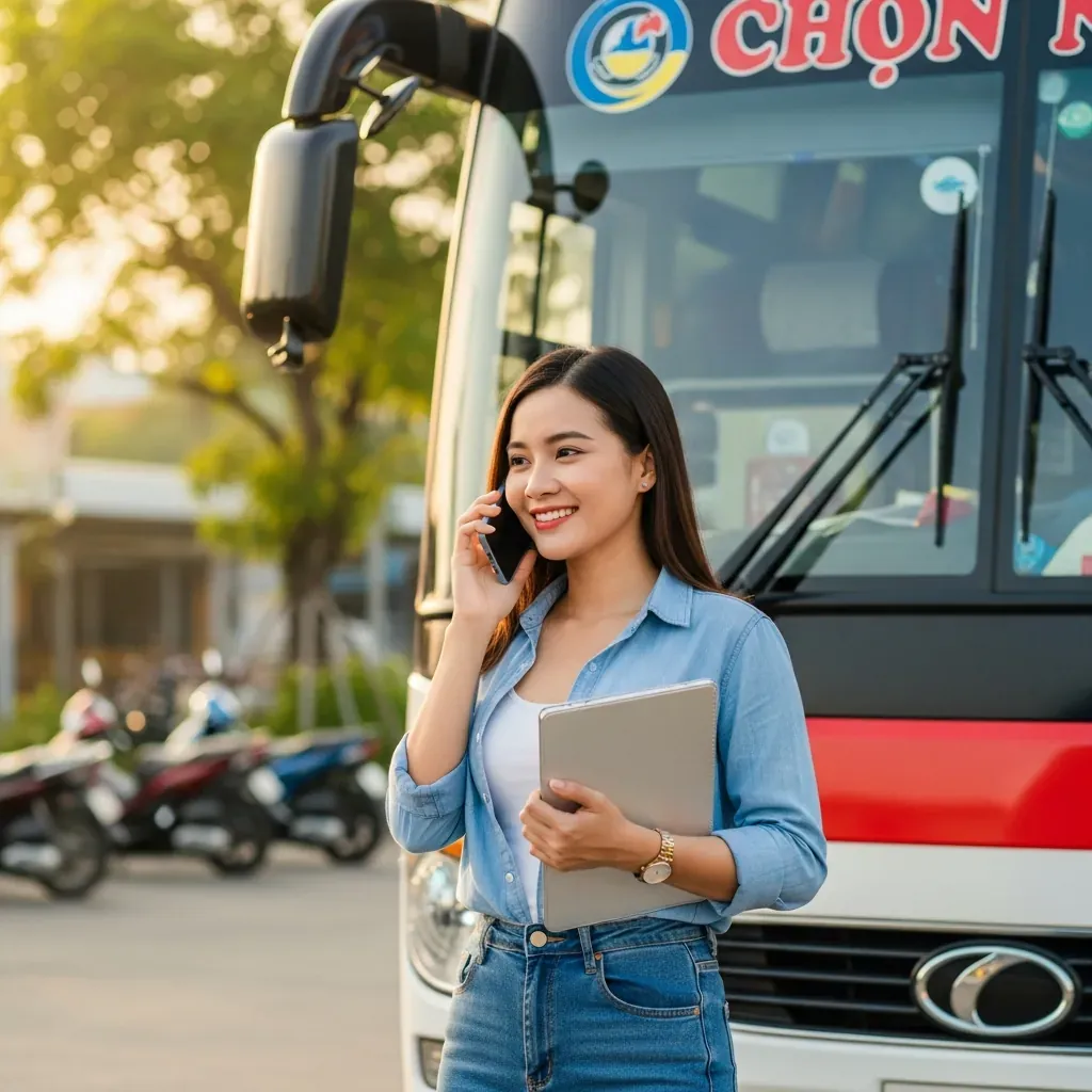 Hành khách gọi tổng đài Chín Nghĩa để đặt vé trực tiếp.