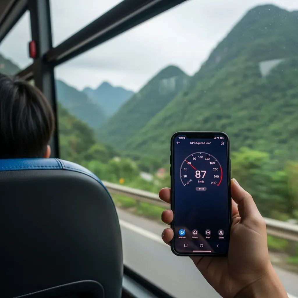 Kiểm tra tốc độ tài xế qua app GPS Speedometer trên xe.