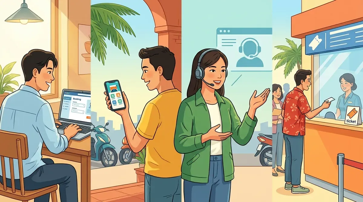 Minh họa bốn kênh đặt vé gồm website, ứng dụng, tổng đài và quầy.