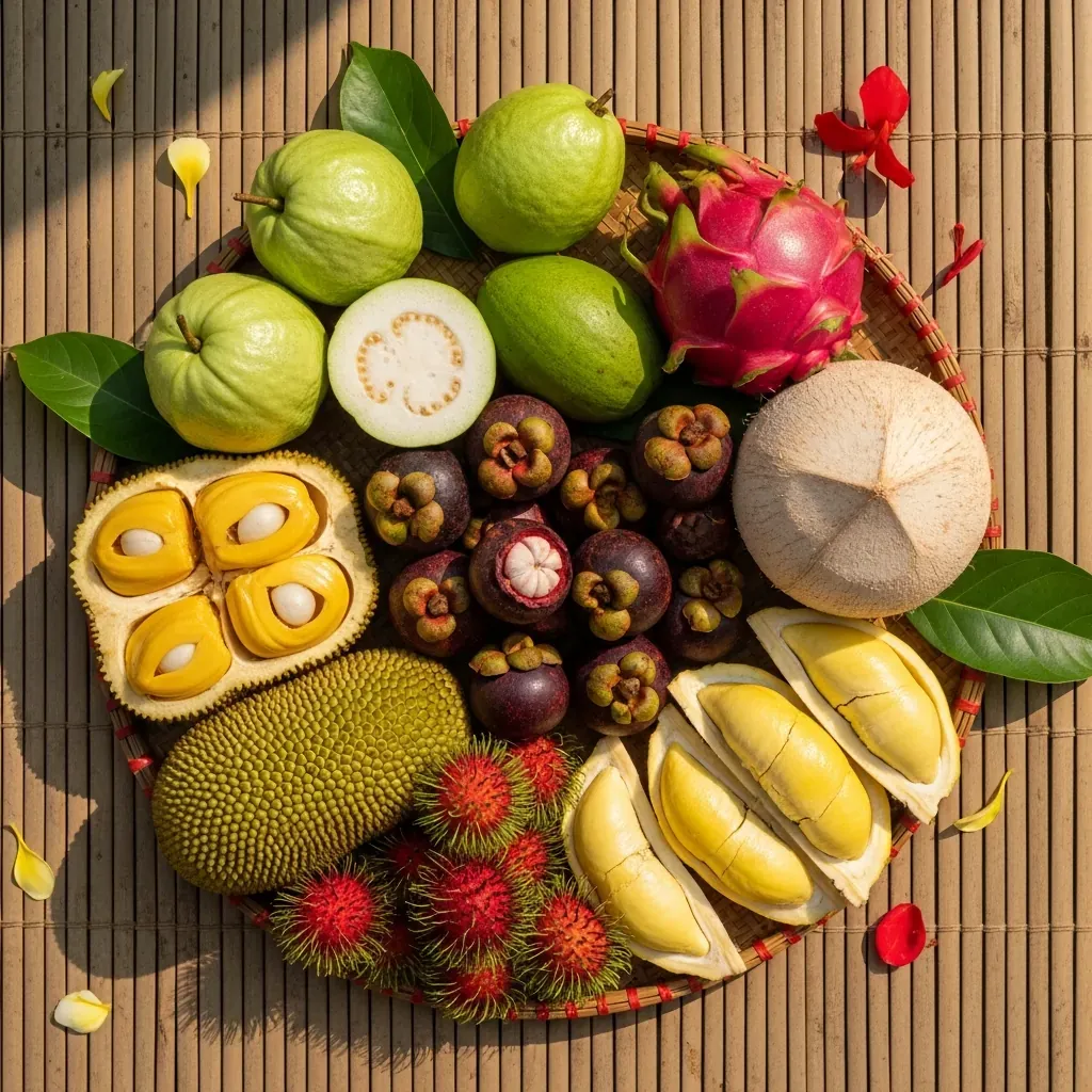 Bố cục trái cây theo mùa trên mẹt tre, thể hiện sự thay đổi quanh năm.