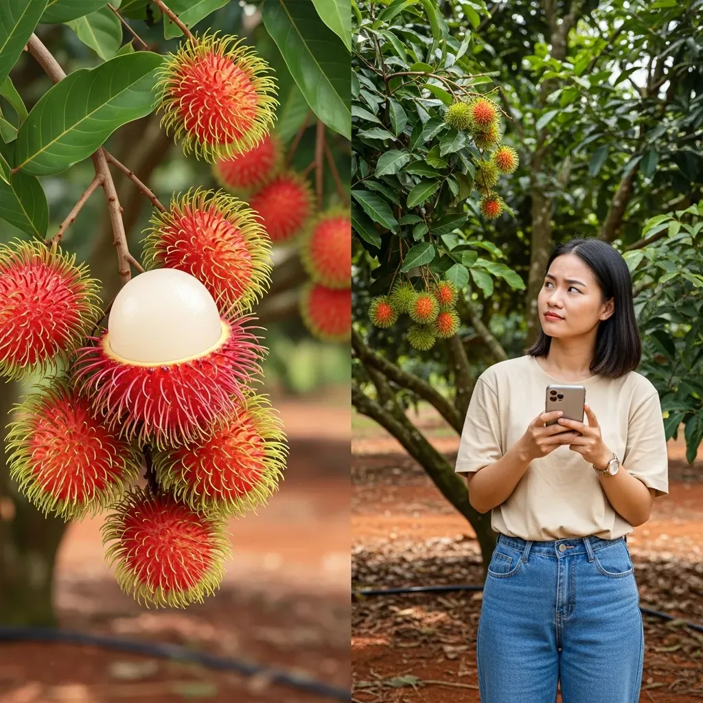 Minh họa so sánh quảng cáo phóng đại và thực tế trái cây trong vườn.