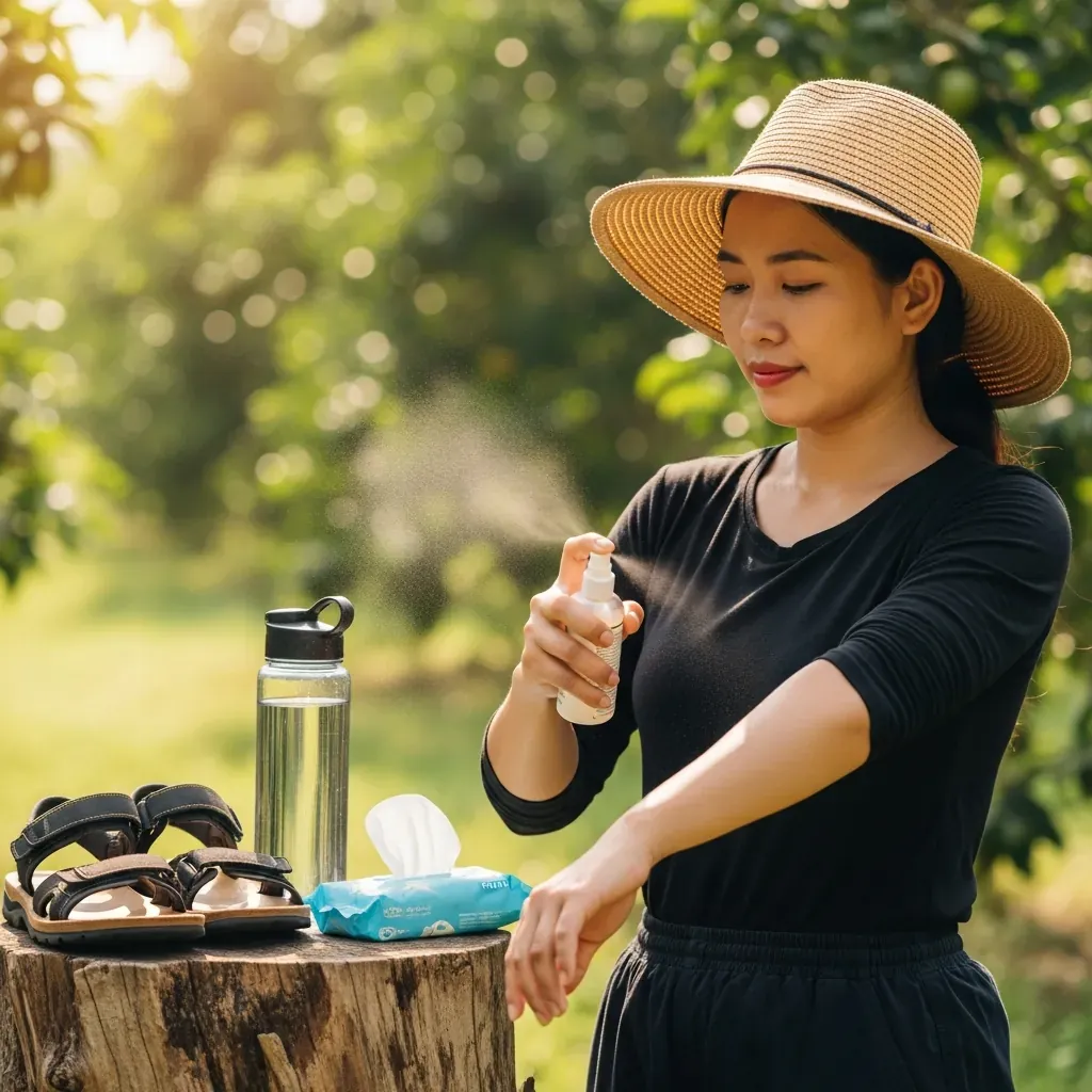 Người phụ nữ chuẩn bị đồ chống nắng và chống muỗi tại vườn trái cây.