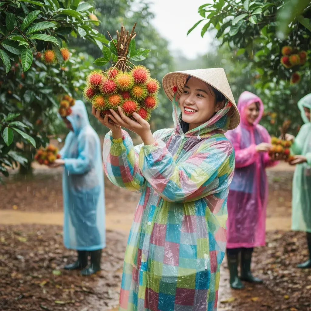 Nữ du khách vui vẻ hái chôm chôm dưới mưa tại vườn trái cây.
