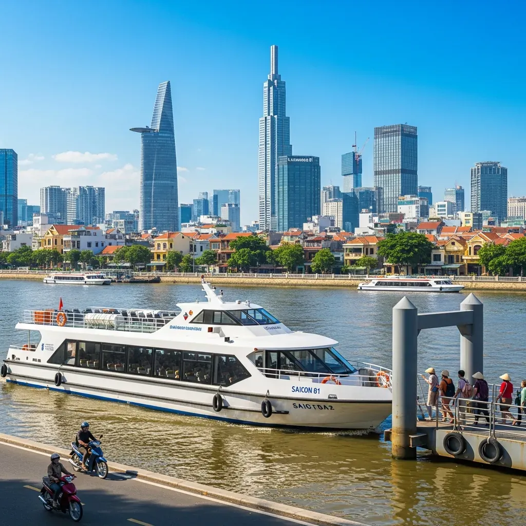 Buýt đường sông Sài Gòn đang di chuyển trên sông, phía xa là tòa nhà Landmark 81 và Bitexco, hai bên bờ cây xanh nhiệt đới.