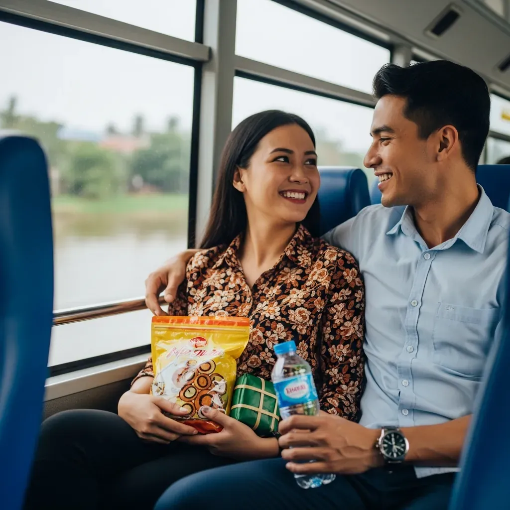Cặp đôi Việt Nam trên tàu buýt sông ăn nhẹ bánh kẹo và nước, nhìn ra sông qua cửa sổ.