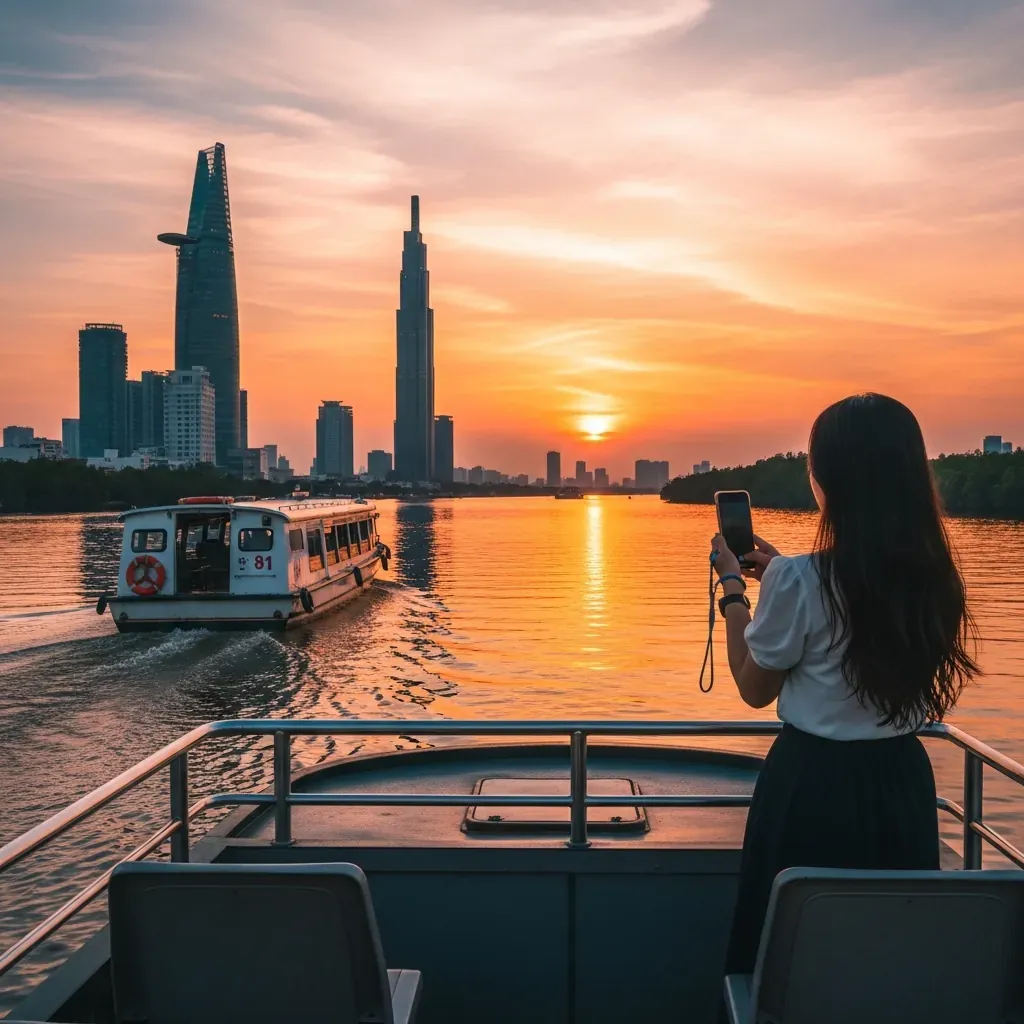 Hoàng hôn nhuộm cam mặt sông Sài Gòn, tàu buýt sông trên nước, phụ nữ Việt Nam chụp ảnh bằng điện thoại ở boong sau.