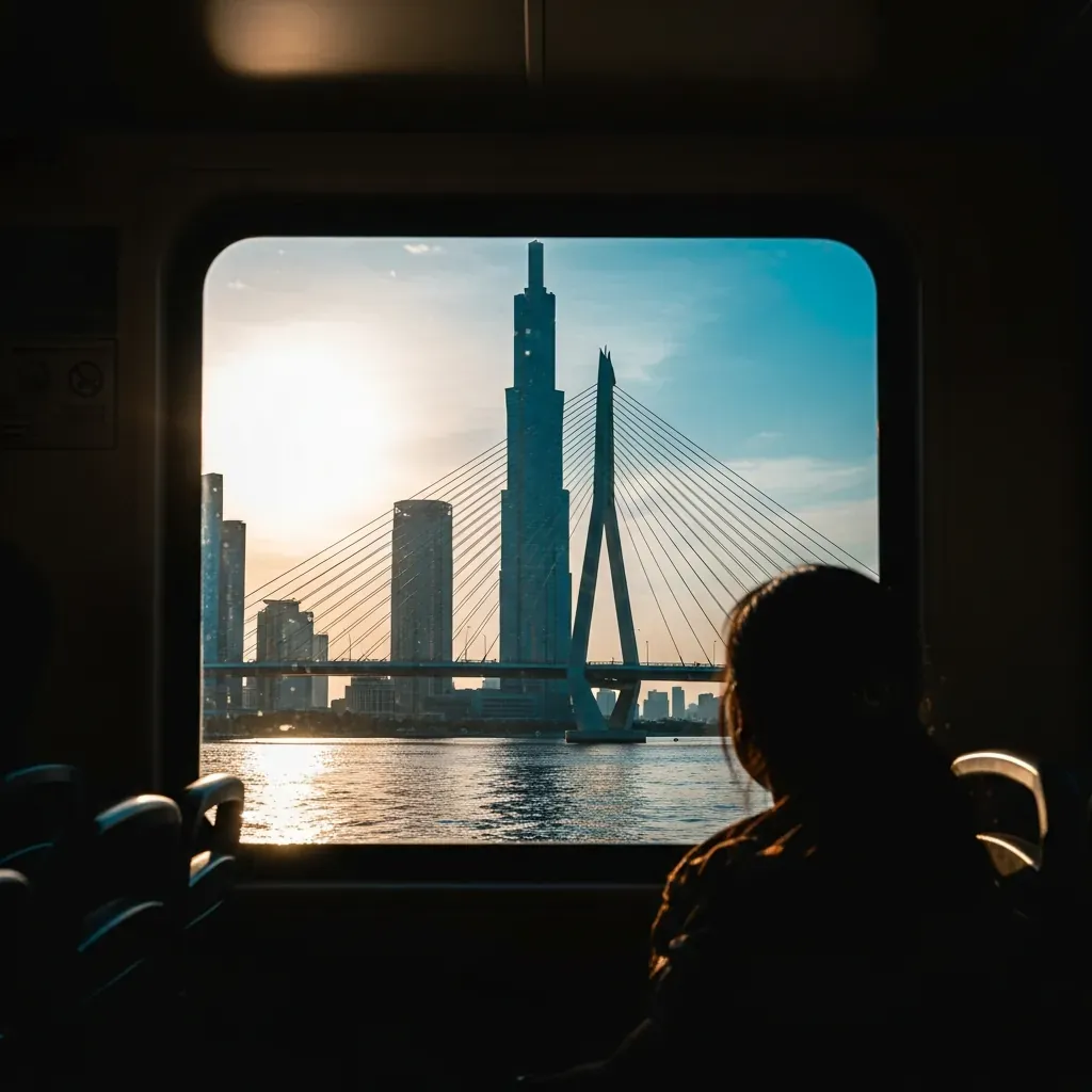 Khung cửa sổ tàu buýt sông trọn vẹn tòa Landmark 81 và cầu dây văng, bóng dáng hành khách Việt Nam đang ngắm cảnh.