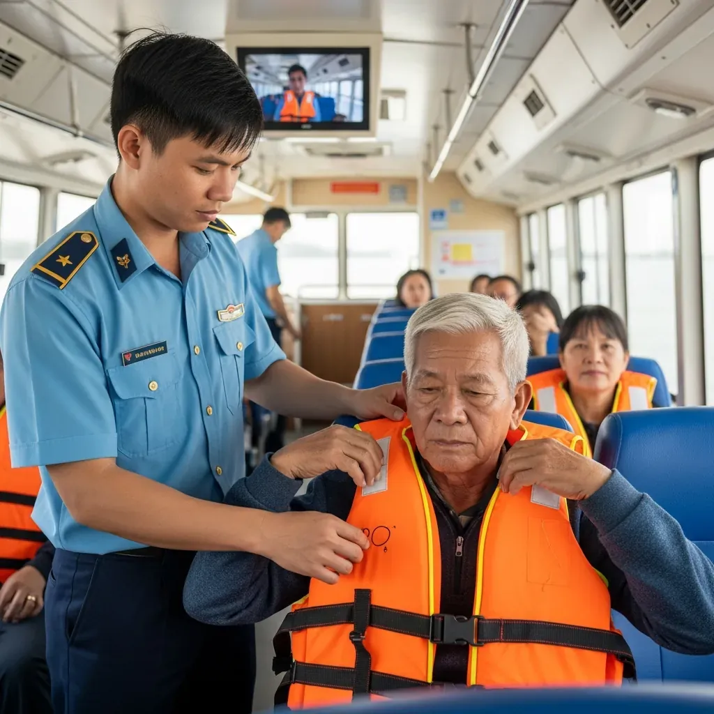 Nhân viên người Việt đang hướng dẫn hành khách lớn tuổi mặc áo phao trong buýt sông, áo phao màu cam.