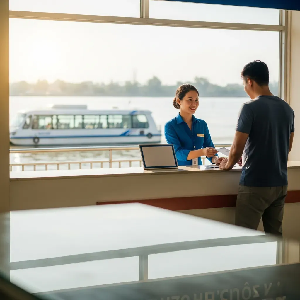 Nhân viên người Việt tại quầy vé bến Bạch Đằng đang phục vụ một hành khách, phía sau là sông và tàu buýt sông.
