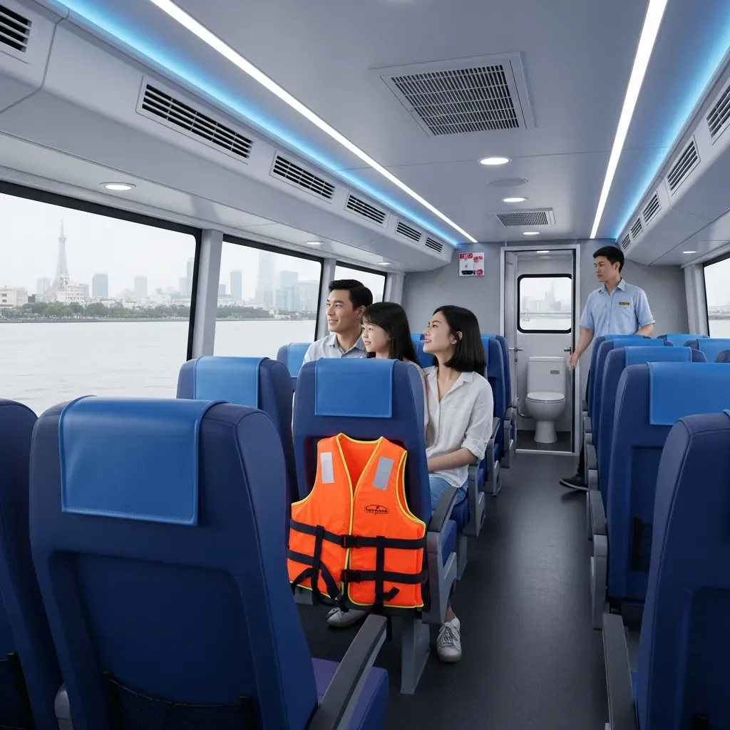 Nội thất tàu buýt sông với hàng ghế xanh, áo phao cá nhân dưới ghế và cửa sổ lớn nhìn ra sông.