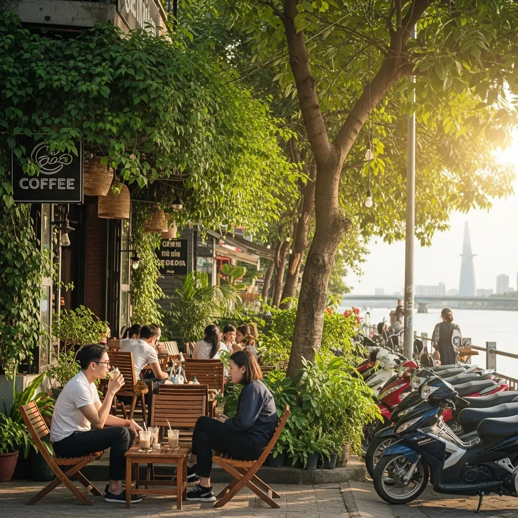 Quán cà phê nhỏ ven sông tại Linh Đông, khách hàng người Việt đang thư giãn, cây xanh nhiệt đới.