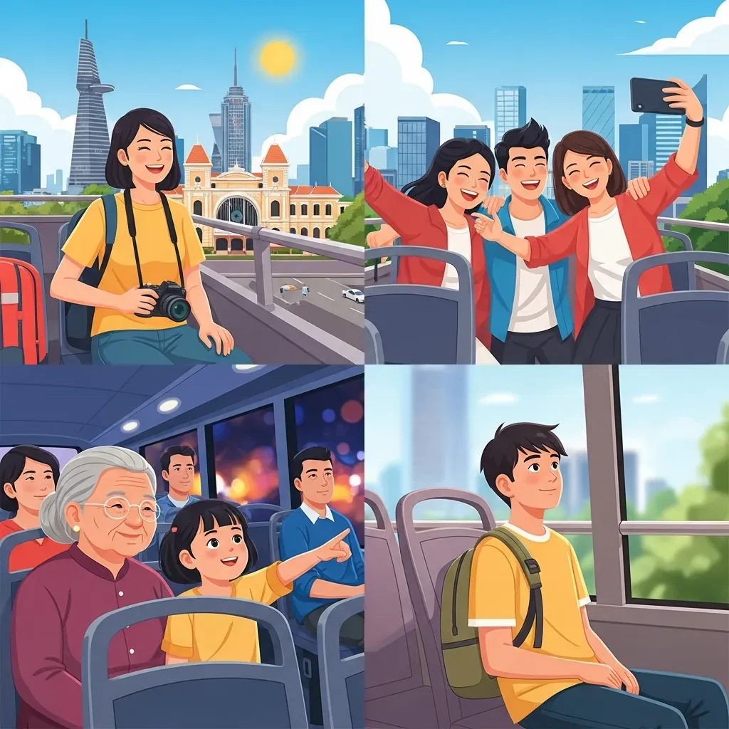 Bốn phân cảnh minh họa các loại hành khách phù hợp với từng loại vé