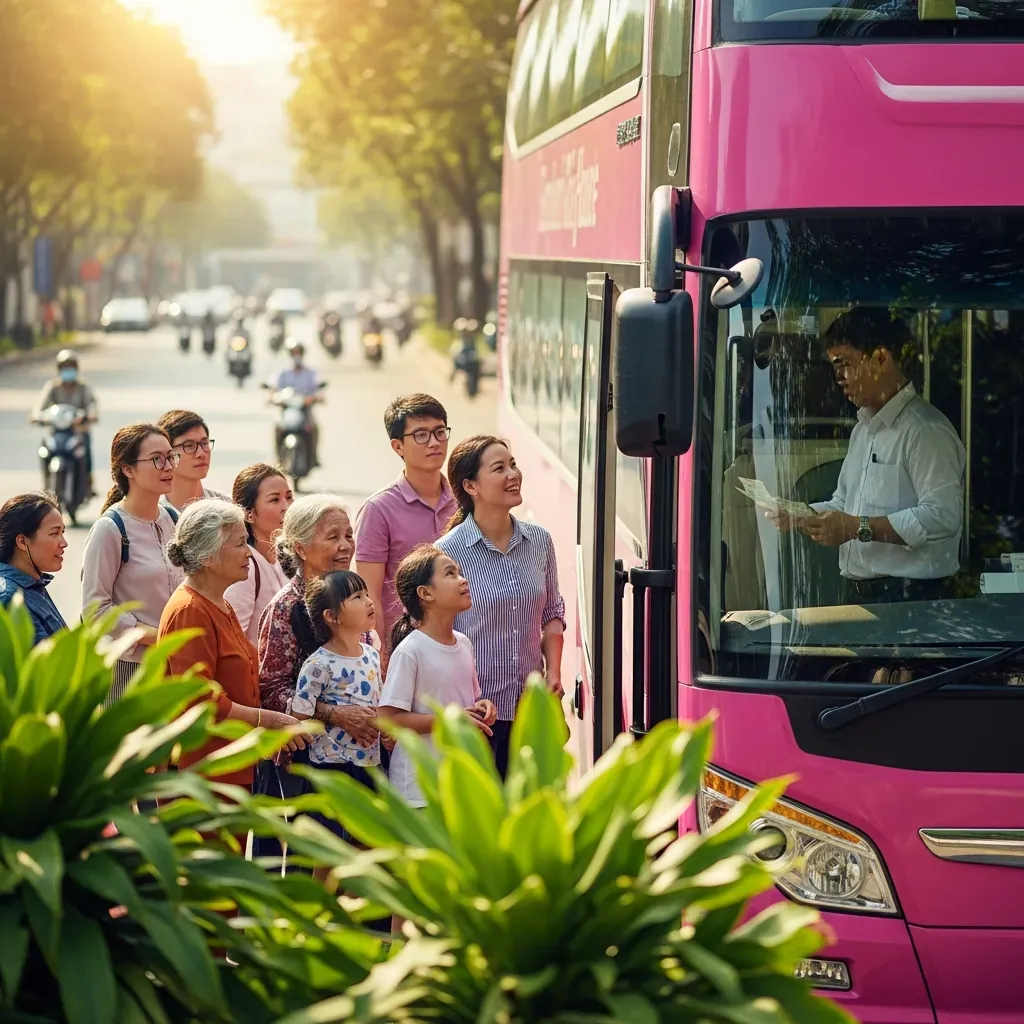 Hành khách lên xe buýt 2 tầng tại điểm đón chính