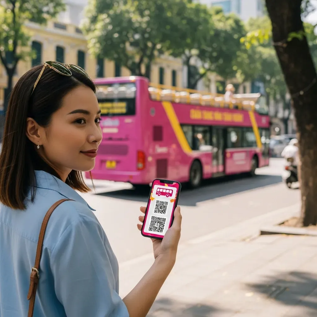 Người phụ nữ Việt Nam chọn vé xe buýt 2 tầng trên điện thoại