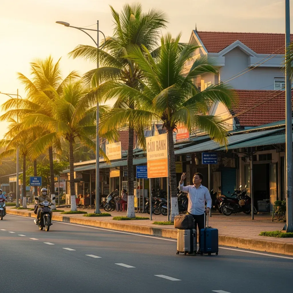 Bến xe Cam Ranh bên Quốc lộ 1A vào lúc bình minh