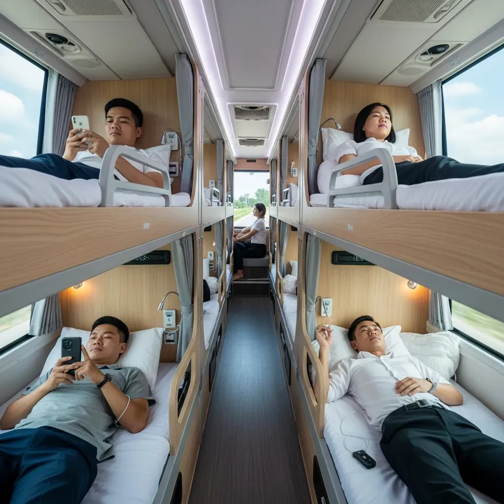 Bên trong xe giường nằm Luxury 34 chỗ, hành khách Việt Nam đang nghỉ ngơi, cửa sổ nhìn ra đồng quê