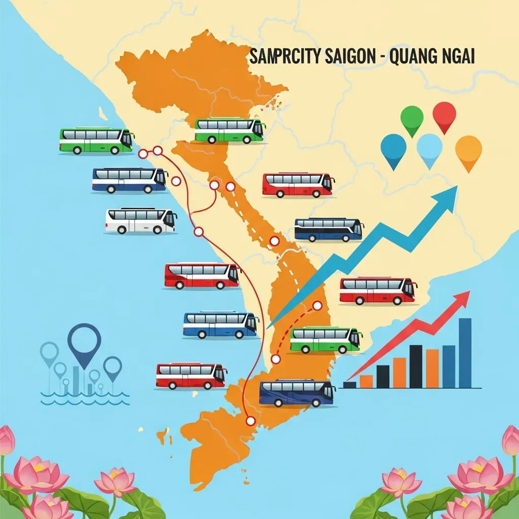 Biểu đồ minh họa cạnh tranh thị trường xe khách tuyến Sài Gòn–Quảng Ngãi, bản đồ Việt Nam cách điệu