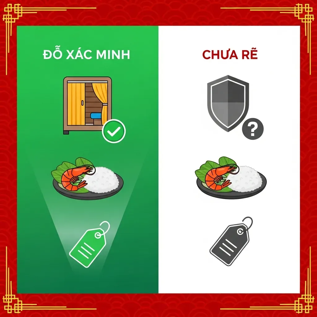 Infographic hai phần xác minh và chưa rõ với các biểu tượng về cabin, đồ ăn, an toàn, giá vé