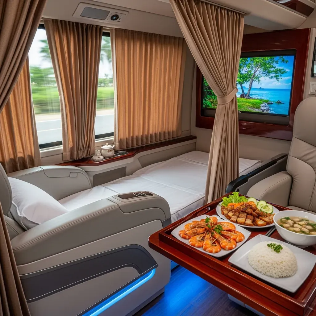 Khoang cabin riêng trên xe Limousine VIP 22 phòng, giường massage, TV và khay đồ ăn Việt Nam