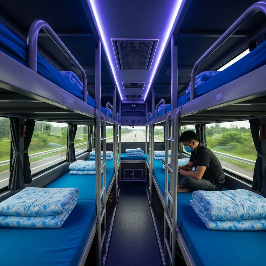 Không gian bên trong xe giường nằm Express 40–44 chỗ, hành khách Việt Nam đang ngồi dùng điện thoại