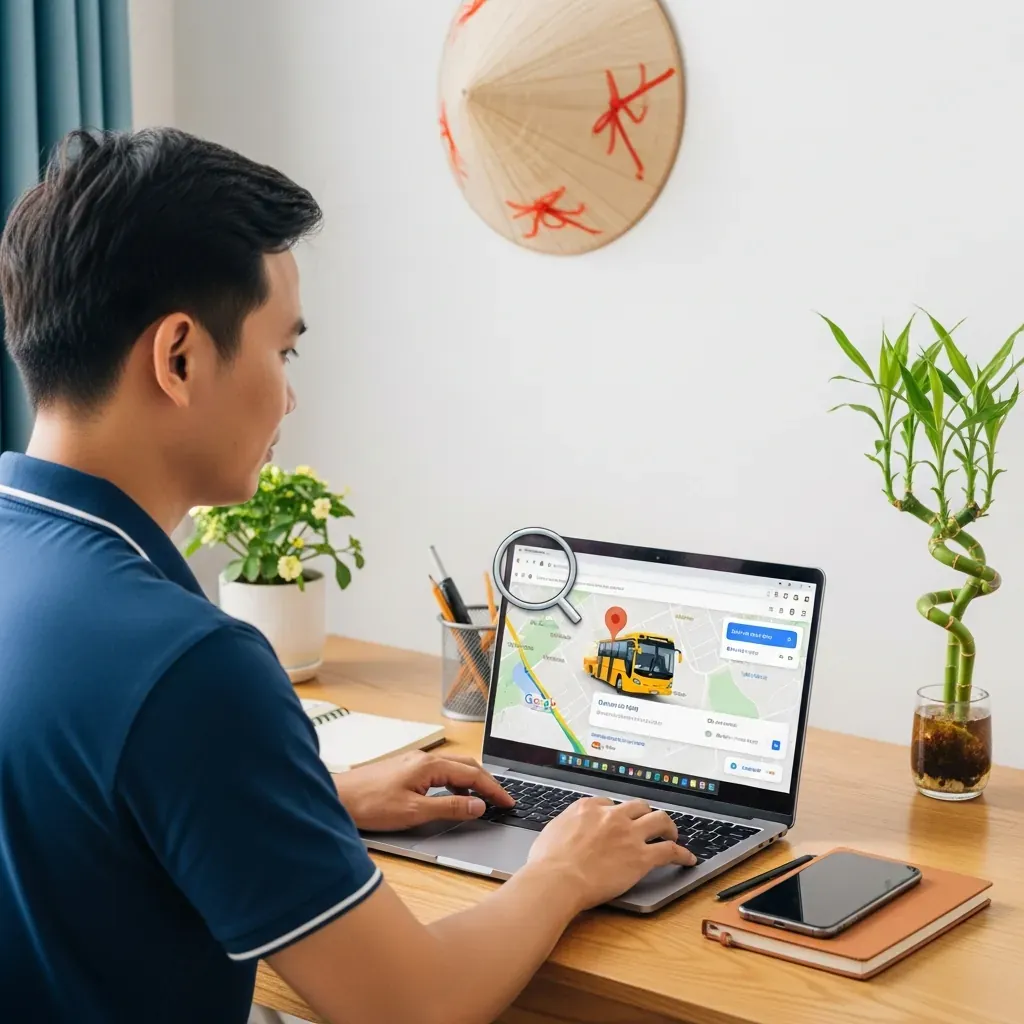 Người đàn ông Việt Nam kiểm tra chi nhánh nhà xe trên laptop với bản đồ và kính lúp