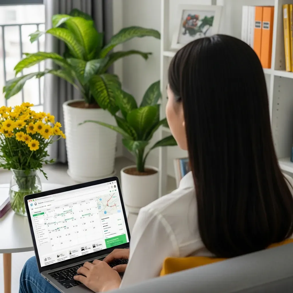 Người phụ nữ Việt Nam đang ngồi dùng laptop đặt vé xe khách, căn hộ sáng sủa có cây xanh nhiệt đới