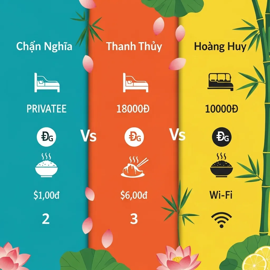 So sánh ba hãng xe bằng biểu tượng cabin, tiền đồng, bát cơm và Wi‑Fi