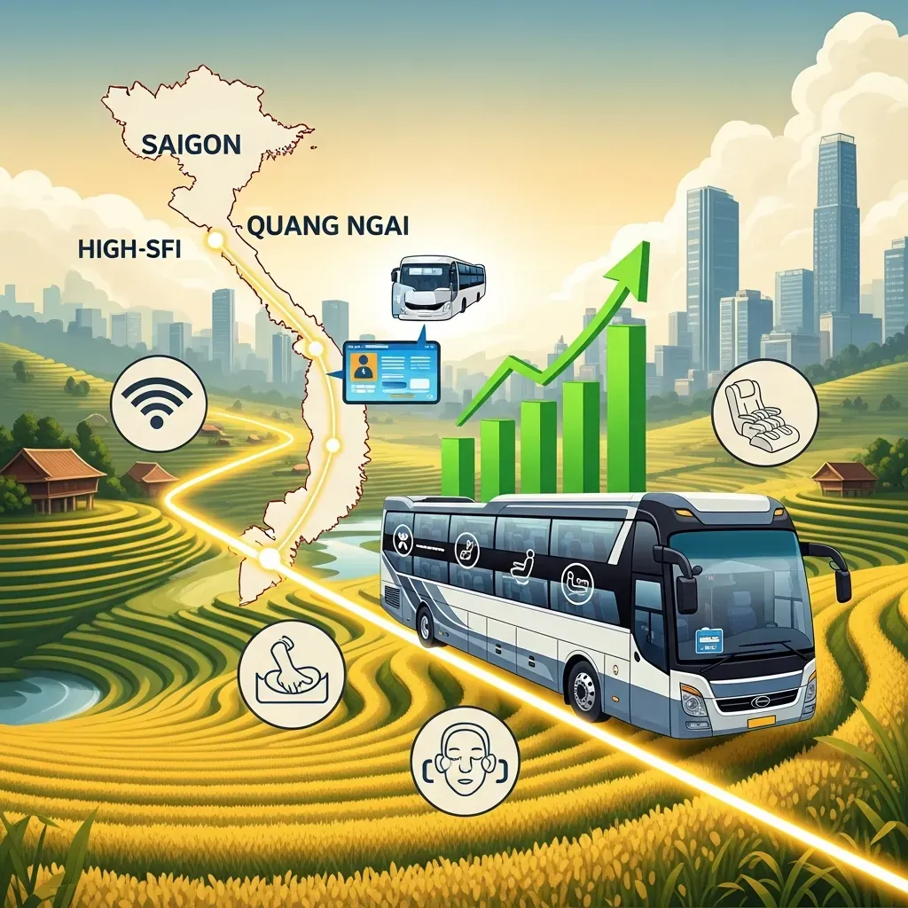 Tầm nhìn tương lai tuyến xe Sài Gòn – Quảng Ngãi với bản đồ, xe hiện đại và biểu đồ tăng trưởng