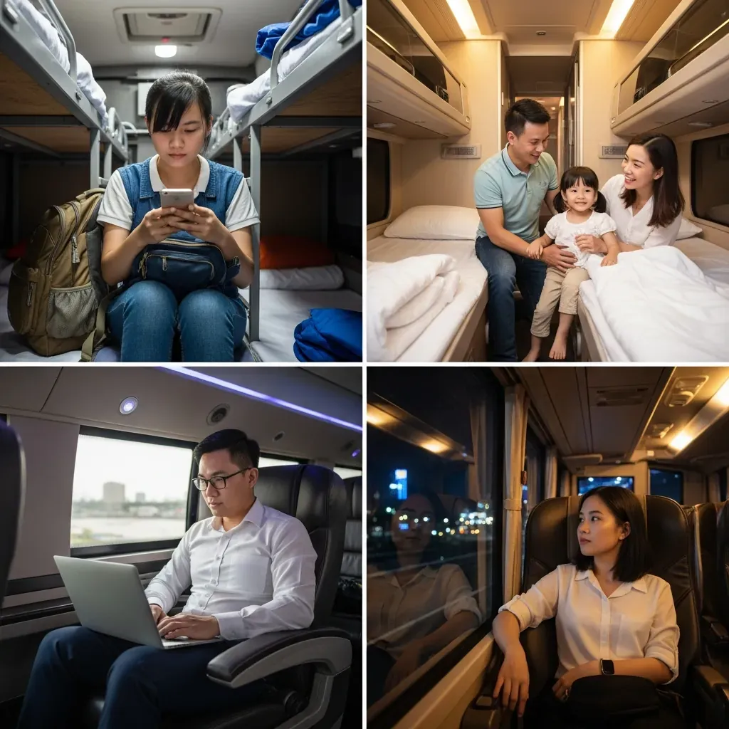 Bốn hồ sơ hành khách chọn loại xe phù hợp: sinh viên, gia đình, nhân viên văn phòng, nữ đi một mình.