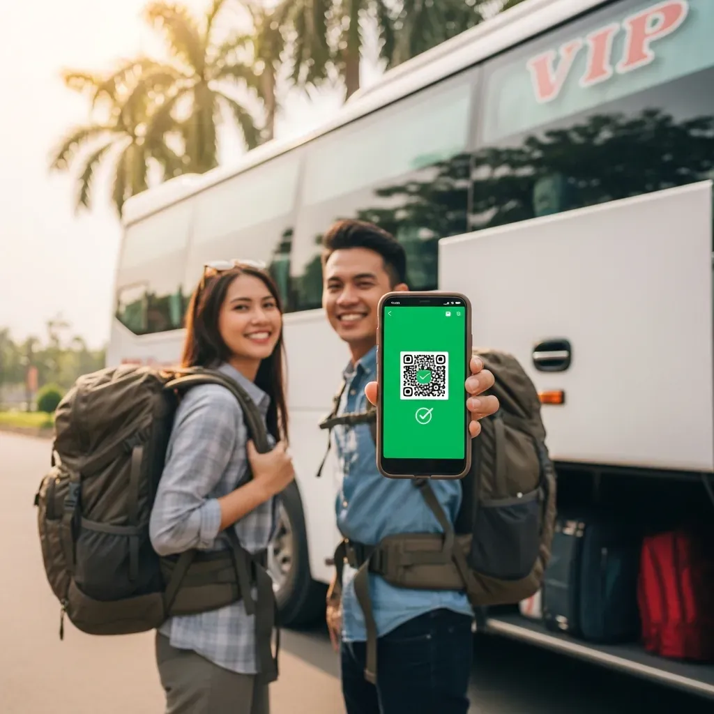 Cặp đôi người Việt vui vẻ chuẩn bị lên xe với vé điện tử trên điện thoại.