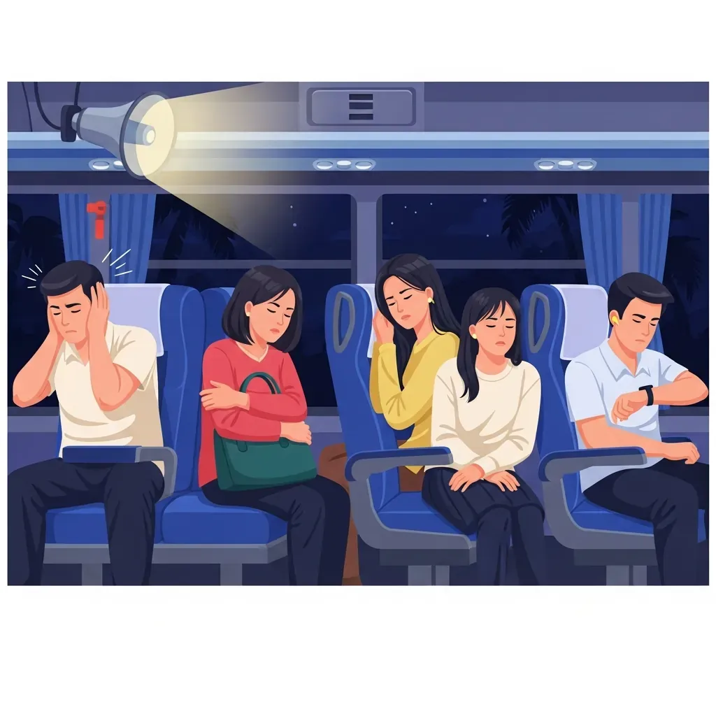 Minh họa các sai lầm trên xe giường nằm như ồn ào, giữ đồ không an toàn.