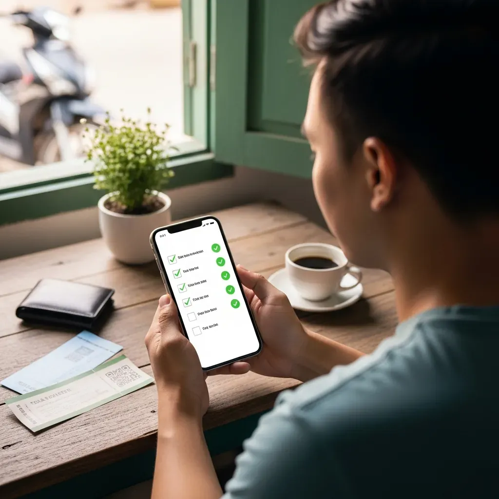 Người đàn ông Việt Nam kiểm tra checklist trên điện thoại trước khi đặt vé xe.