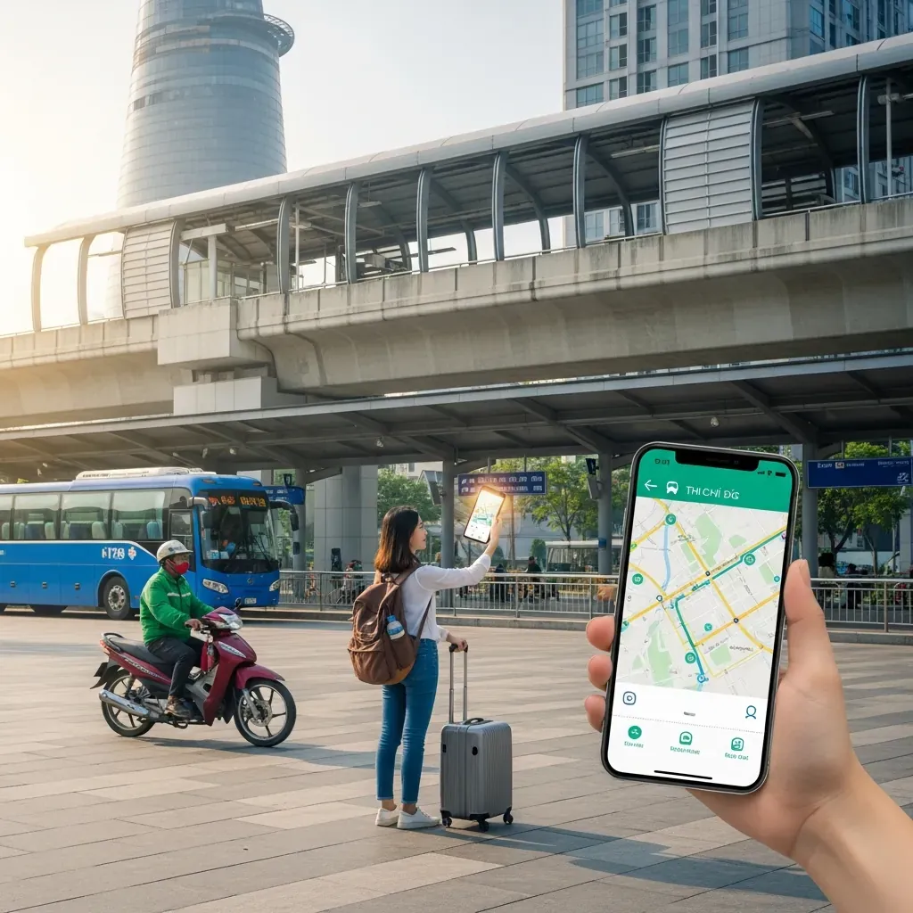 Nữ du khách Việt Nam tại bến xe miền Đông mới, chọn phương tiện di chuyển.