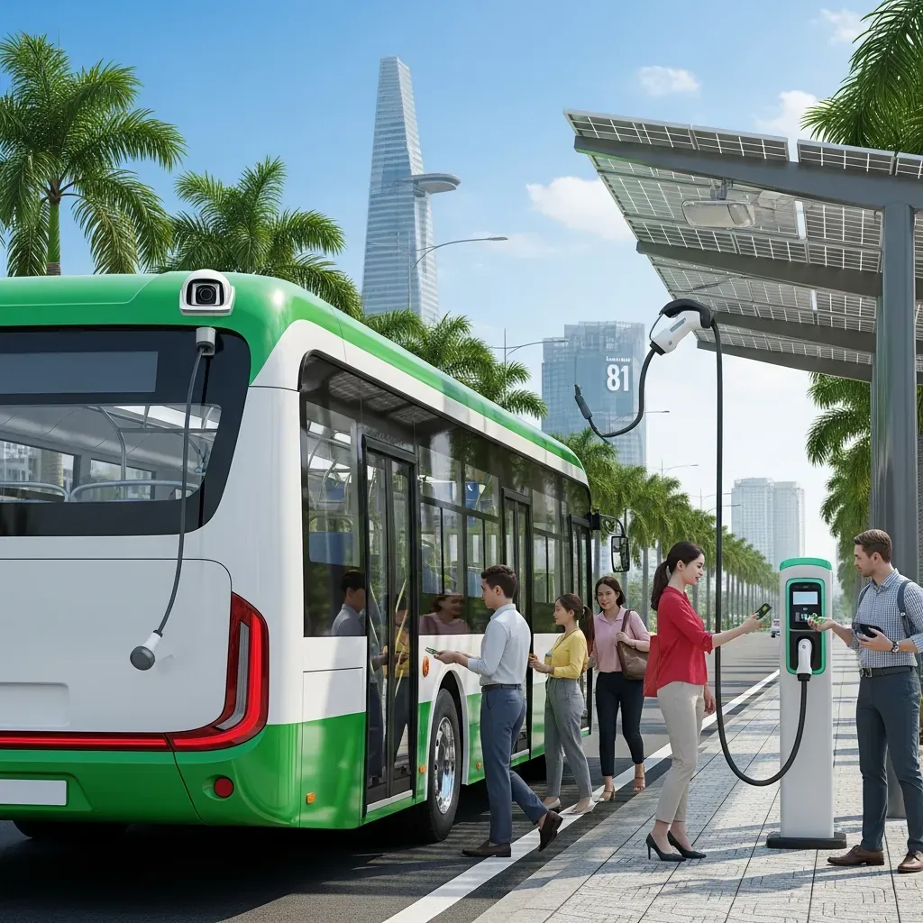 Xe buýt điện hiện đại tại Sài Gòn với trạm sạc năng lượng mặt trời.