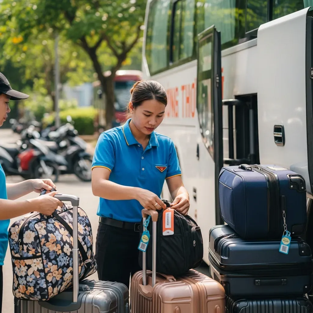 Nhân viên dán tem hành lý ký gửi cho khách trước khi lên xe