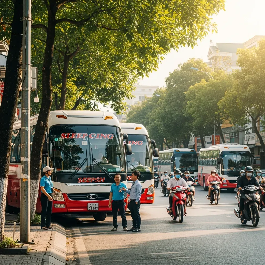Văn phòng nhà xe ở Tân Bình với xe khách đậu trước cửa và khách chuẩn bị lên xe