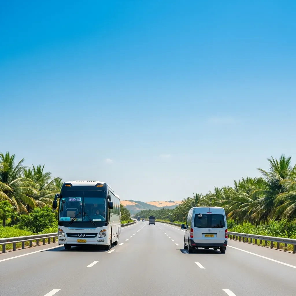 Xe giường nằm và limousine chạy trên cao tốc đi Mũi Né dưới trời nắng