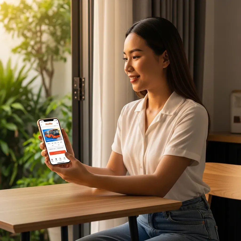 Người phụ nữ Việt Nam kiểm tra ứng dụng đặt vé xe trên điện thoại