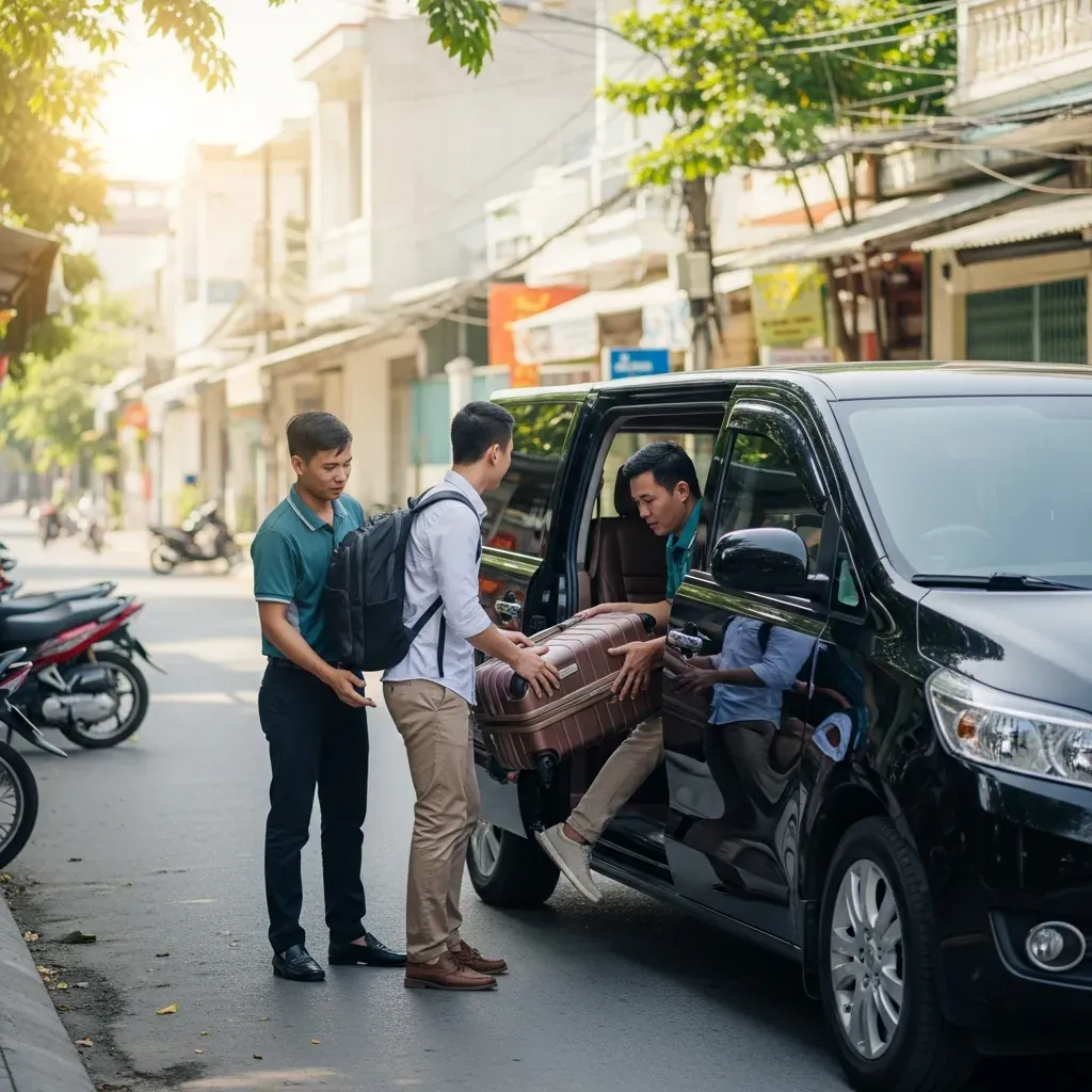 Hành khách lên xe limousine với tài xế hỗ trợ hành lý.