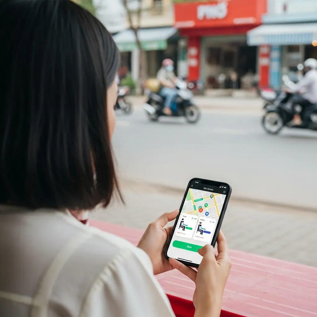 Người phụ nữ đang kiểm tra các bước đặt vé trên điện thoại.
