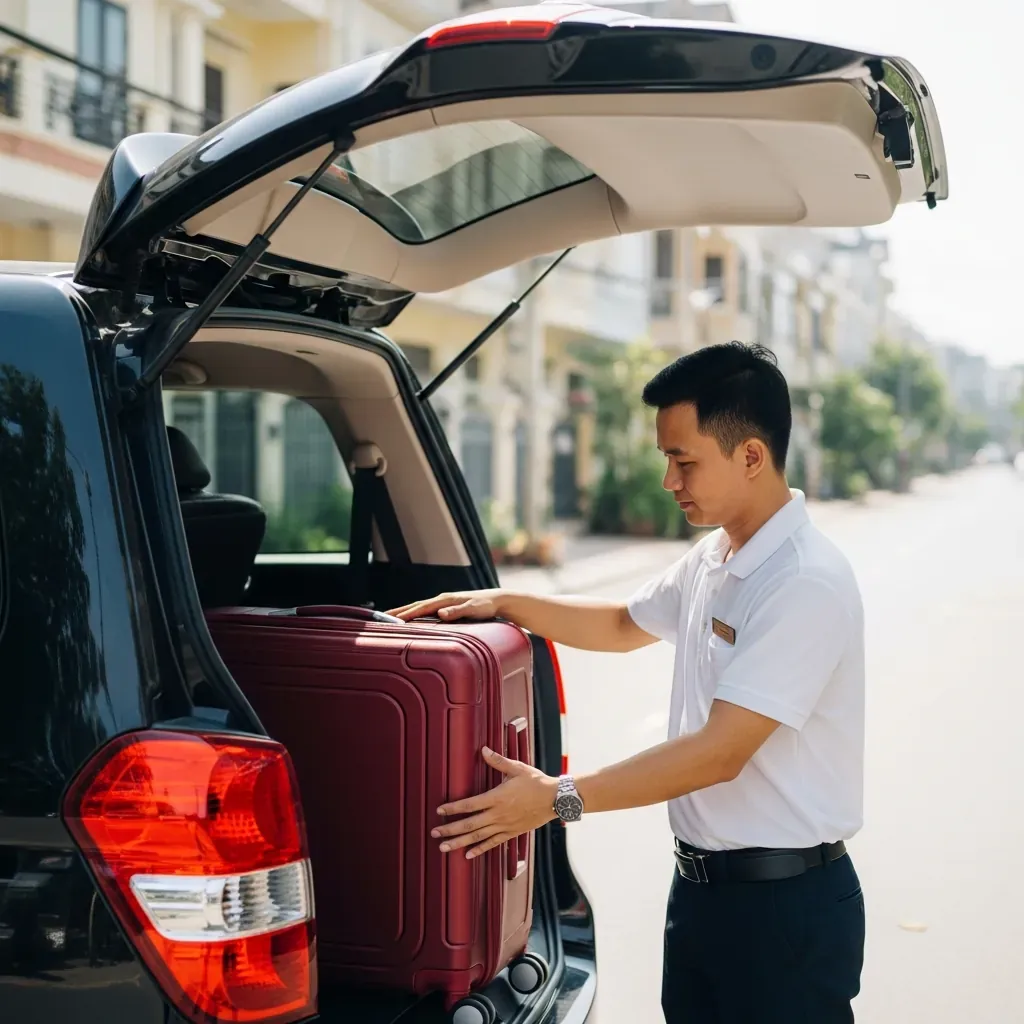Tài xế limousine đang xếp vali lớn vào cốp xe.