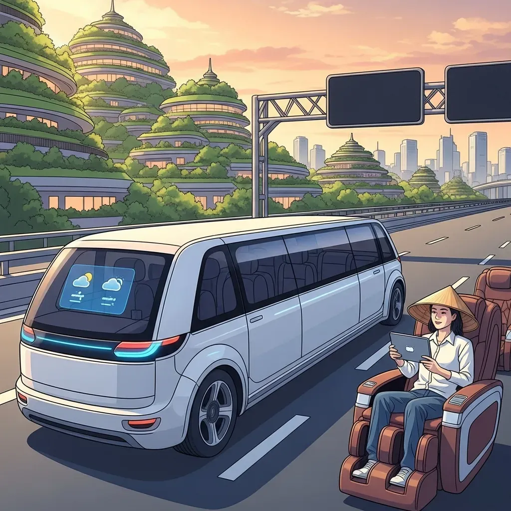 Xe limousine tương lai với tiện nghi cao cấp trên cao tốc.